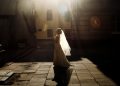 Beautiful fairytale bride in vintage white wedding dress walking down